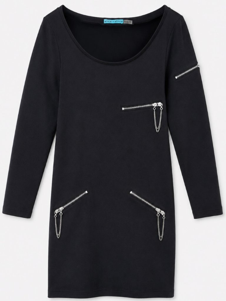 Alice + Olivia Boat Neck Solid Black Zipper Detail Mini Dress